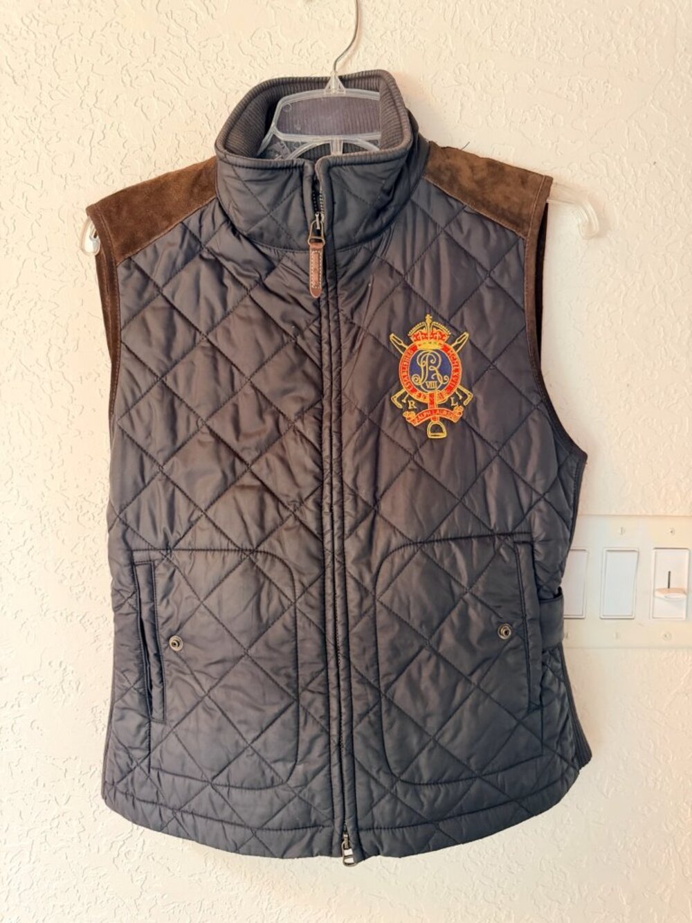 Ralph Lauren Quilted Equestrian Crest Vest Leather Suede Trim Size L